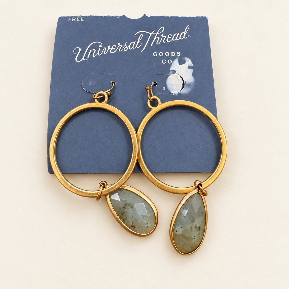 Universal Thread Gold Tone Hoop Earrings with Green Stone Drops NWT